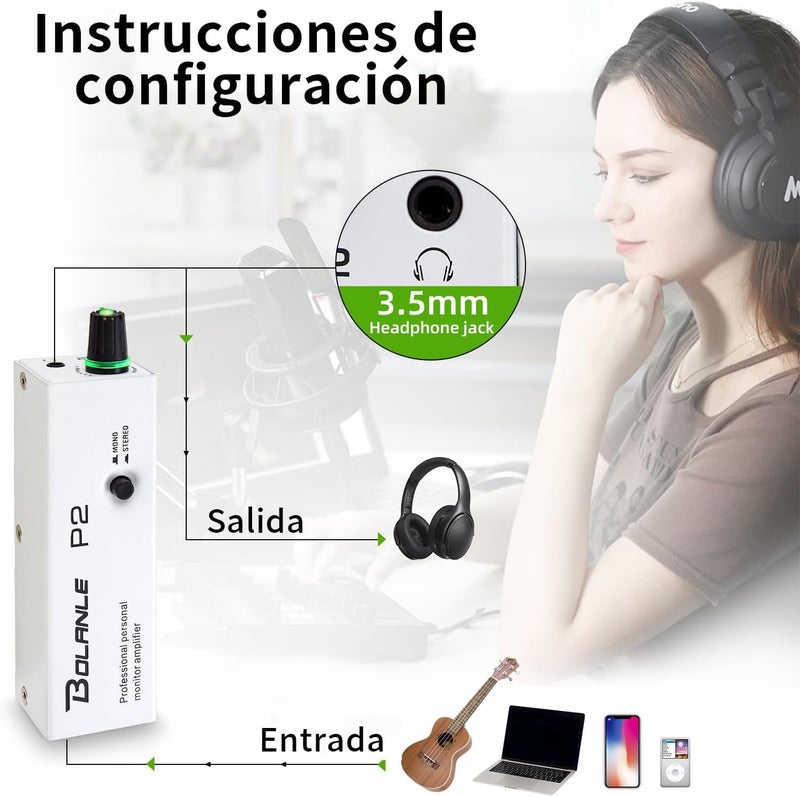 Bolanle P2 Portable in Ear Monitor Amplifier, Headphone Amp with XLR and TRS Input 3.5mm Output, Headphone Amplifier with Stereo/Mono Switch for Keyboardists, Drummers, Guitar (Single Channel) - Image 5